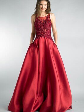 D8353L Plunge Back Evening Gown - Burgundy